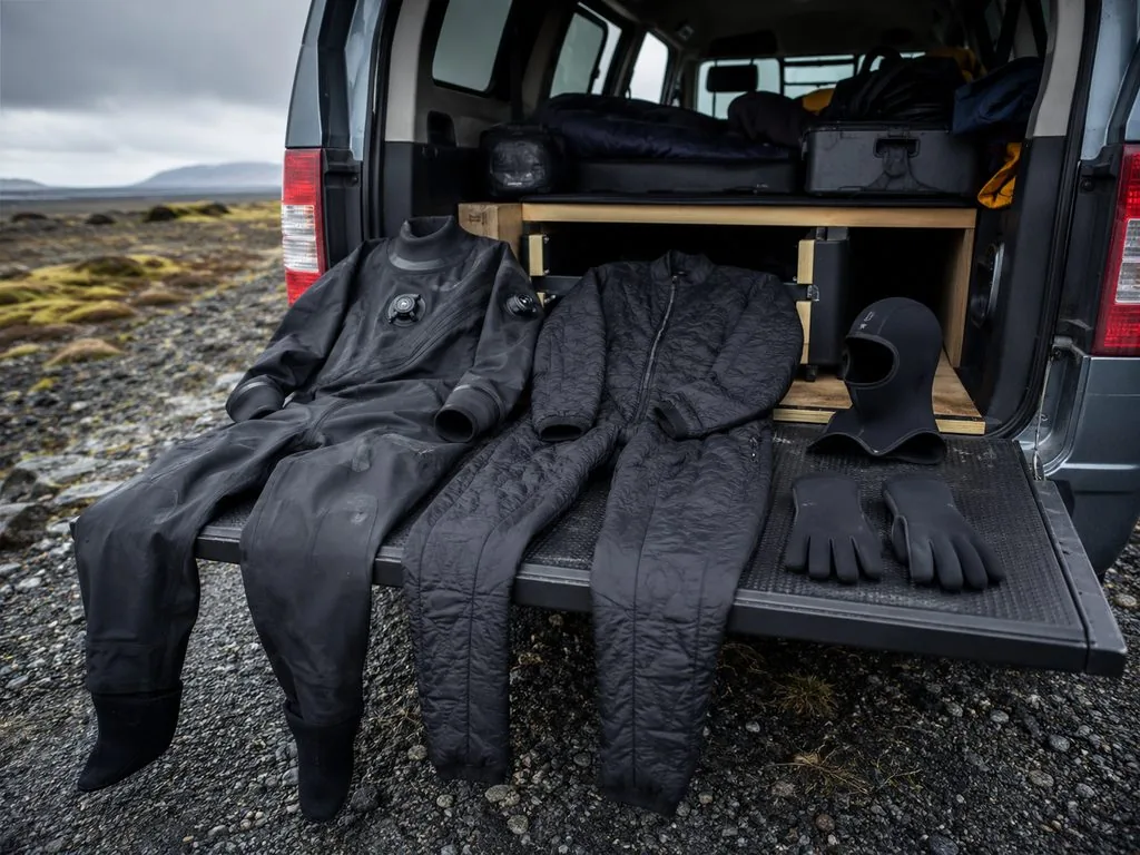 Drysuit and thermal undersuit laid out before fitting
